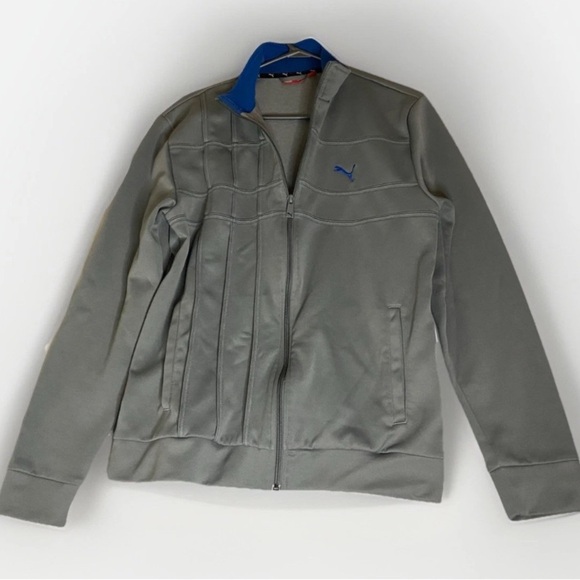 Puma Grey Track Jacket Activewear Sz M Full Zip Sports Casual Athletic Blue Logo - Picture 1 of 8